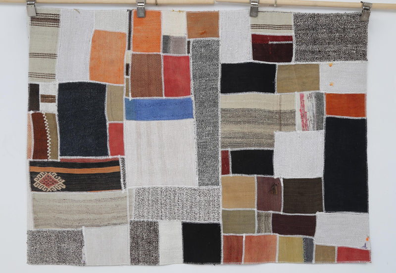 3x5 Hemp Patchwork Tapestry Rug, Vintage Turkish Textile Wall Art, Hand Stitched Wool Wall Hanging, Wabi Sabi Decor
