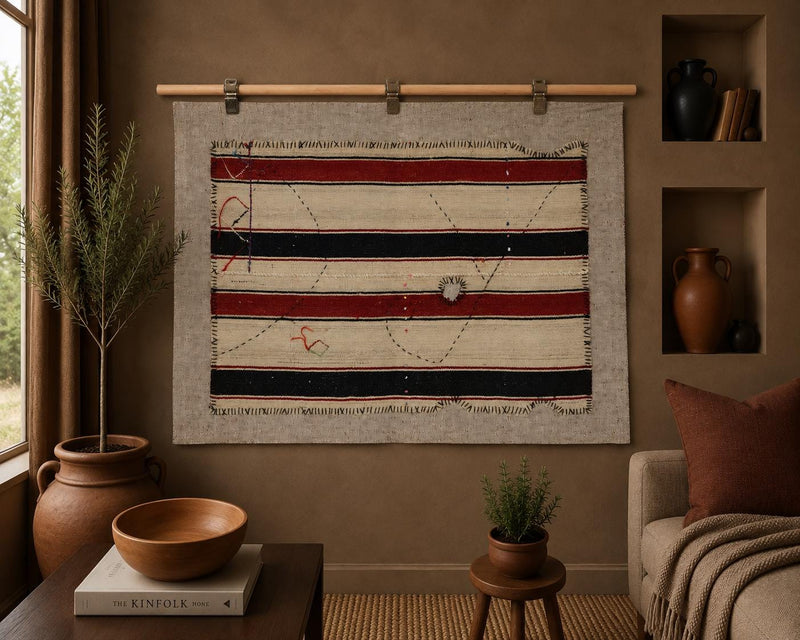 Vintage Turkish Tapestry Rug, Cream Black Striped Wall Hanging (2'9" x 3'11") - photo 1 of 10