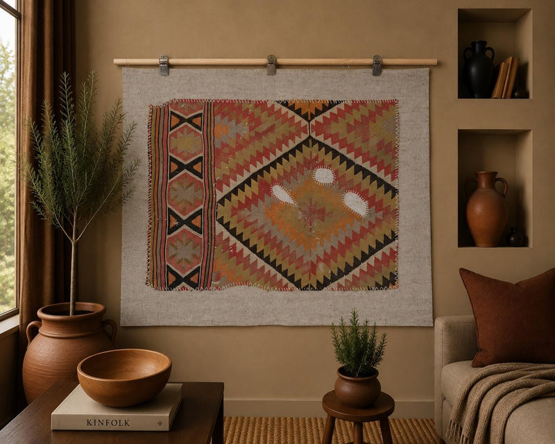 Vintage Turkish Kilim Tapestry Rug, Orange Rust Diamond Wall Hanging (3'4" x 4'4") - photo 1 of 9