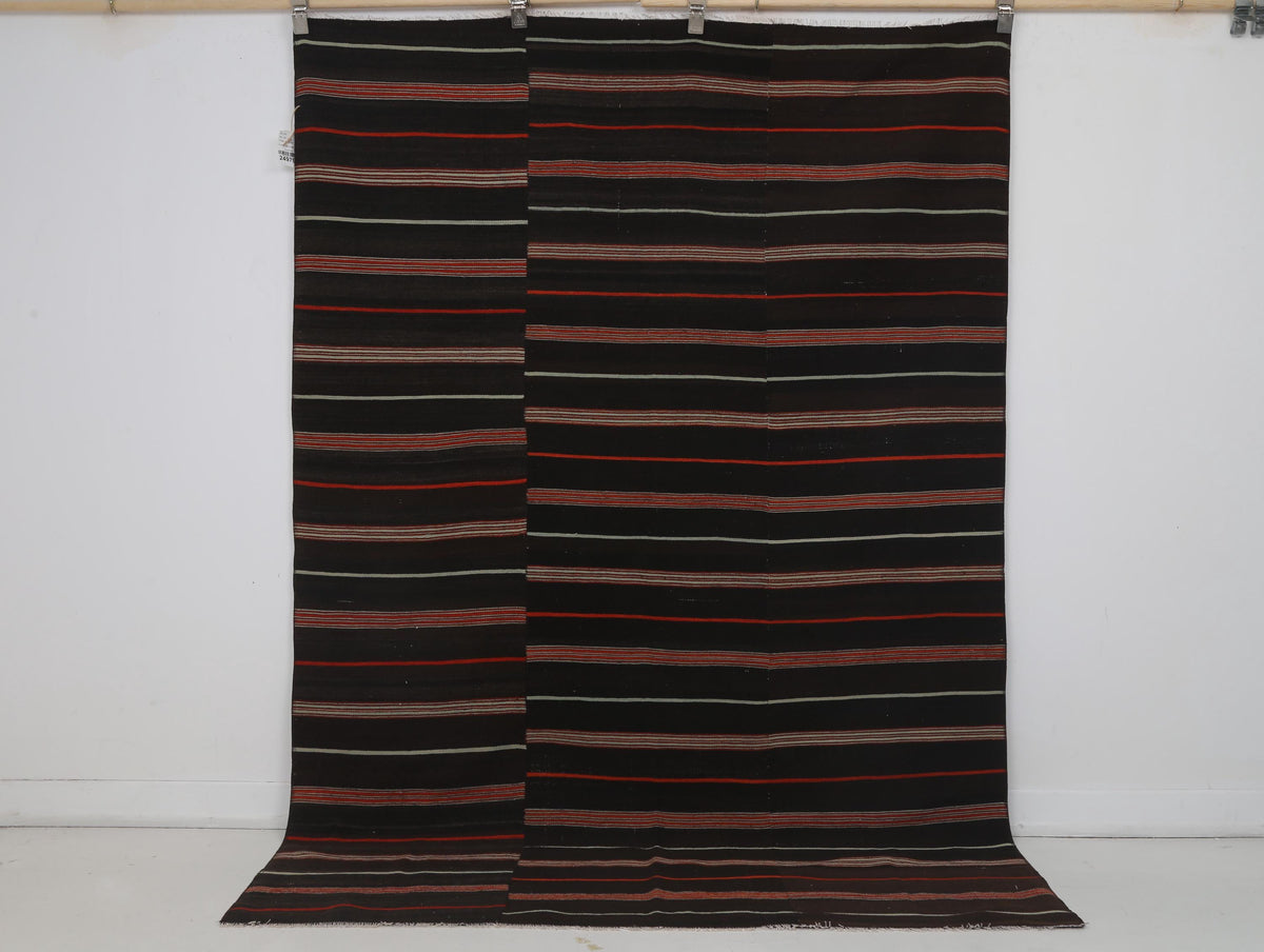 5x7 Vintage Turkish Kilim Rug, Black Red Striped Kilim, Handwoven Wool Cotton Rug, Vintage Flatweave Area Rug