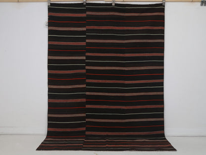 5x7 Vintage Turkish Kilim Rug, Black Red Striped Kilim, Handwoven Wool Cotton Rug, Vintage Flatweave Area Rug