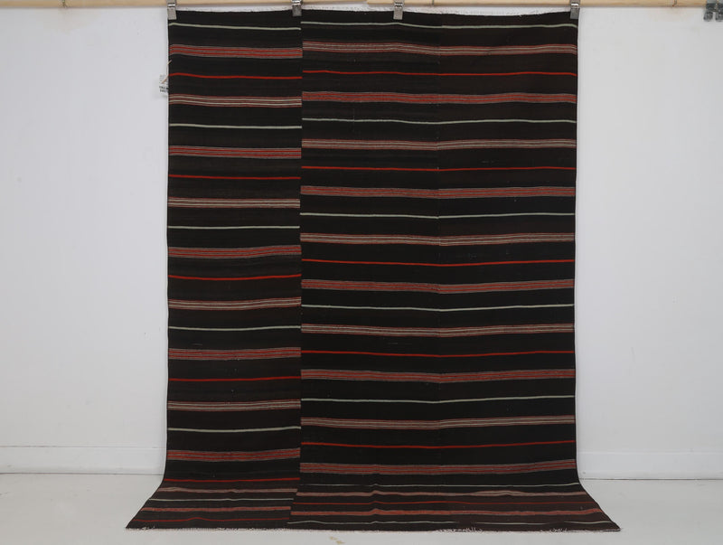 5x7 Vintage Turkish Kilim Rug, Black Red Striped Kilim, Handwoven Wool Cotton Rug, Vintage Flatweave Area Rug