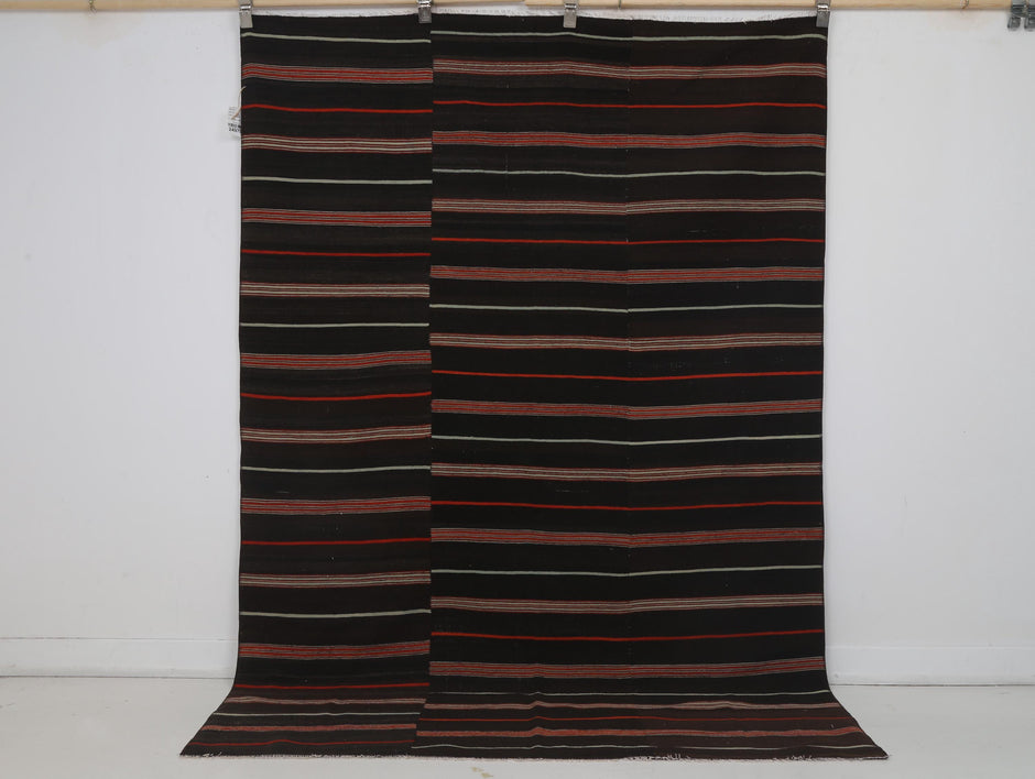 5x7 Vintage Turkish Kilim Rug, Black Red Striped Kilim, Handwoven Wool Cotton Rug, Vintage Flatweave Area Rug
