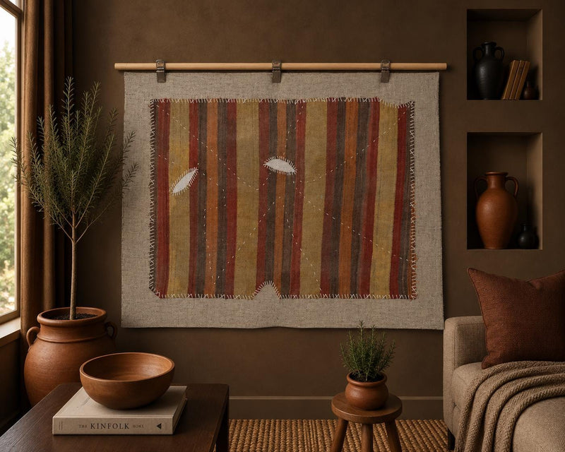 Vintage Turkish Kilim Tapestry Rug, Rust Brown Striped Wall Hanging (3'5" x 4'6") - photo 1 of 9