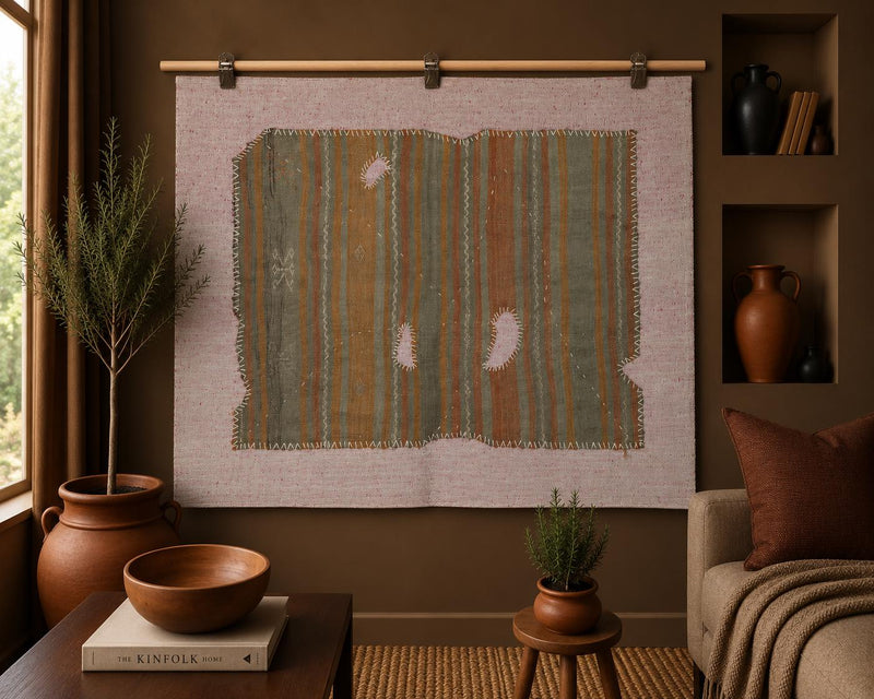 Vintage Turkish Tapestry Rug, Olive Orange Striped Wall Hanging (3'5" x 4'3") - photo 1 of 8
