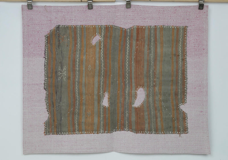 Vintage Turkish Tapestry Rug, Olive Orange Striped (3'5" x 4'3")