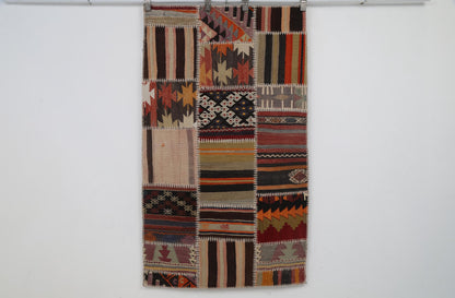 3x5 Vintage Turkish Tapestry Rug, Patchwork Kilim Wall Hanging, Handwoven Wool Textile Wall Art