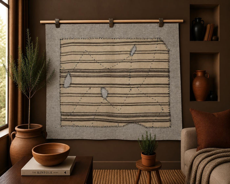Vintage Turkish Kilim Tapestry Rug, Cream Beige Striped Wall Hanging (3'5" x 4'2") - photo 1 of 8