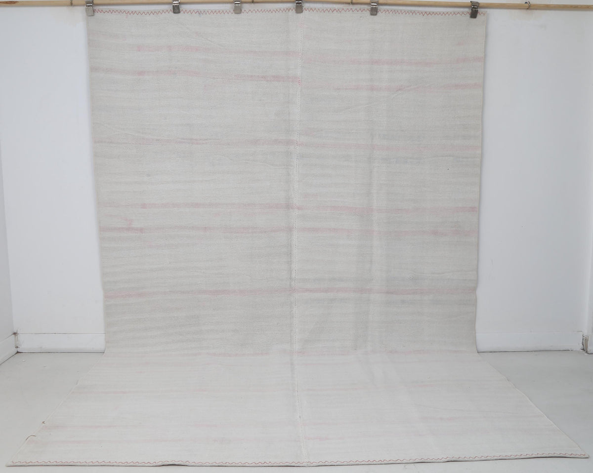 7x10 Vintage Turkish Hemp Rug, White Pink Striped Kilim, Minimalist Handwoven Area Rug