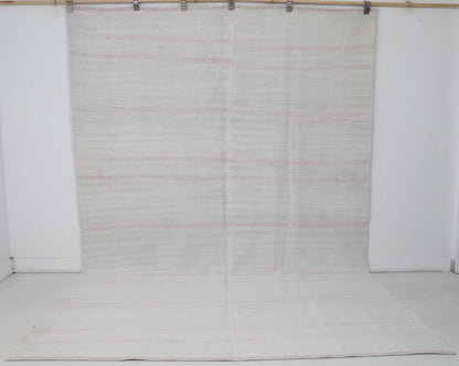7x10 Vintage Turkish Hemp Rug, White Pink Striped Kilim, Minimalist Handwoven Area Rug