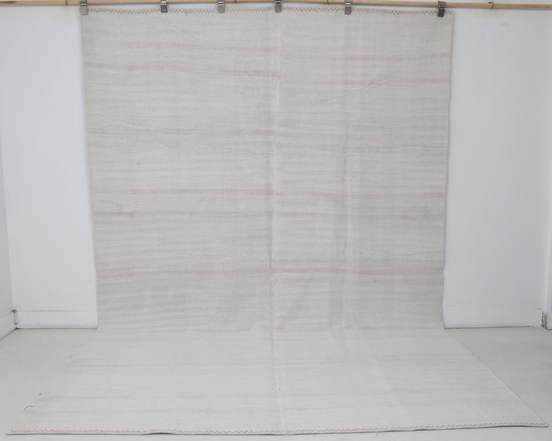 7x10 Vintage Turkish Hemp Rug, White Pink Striped Kilim, Minimalist Handwoven Area Rug