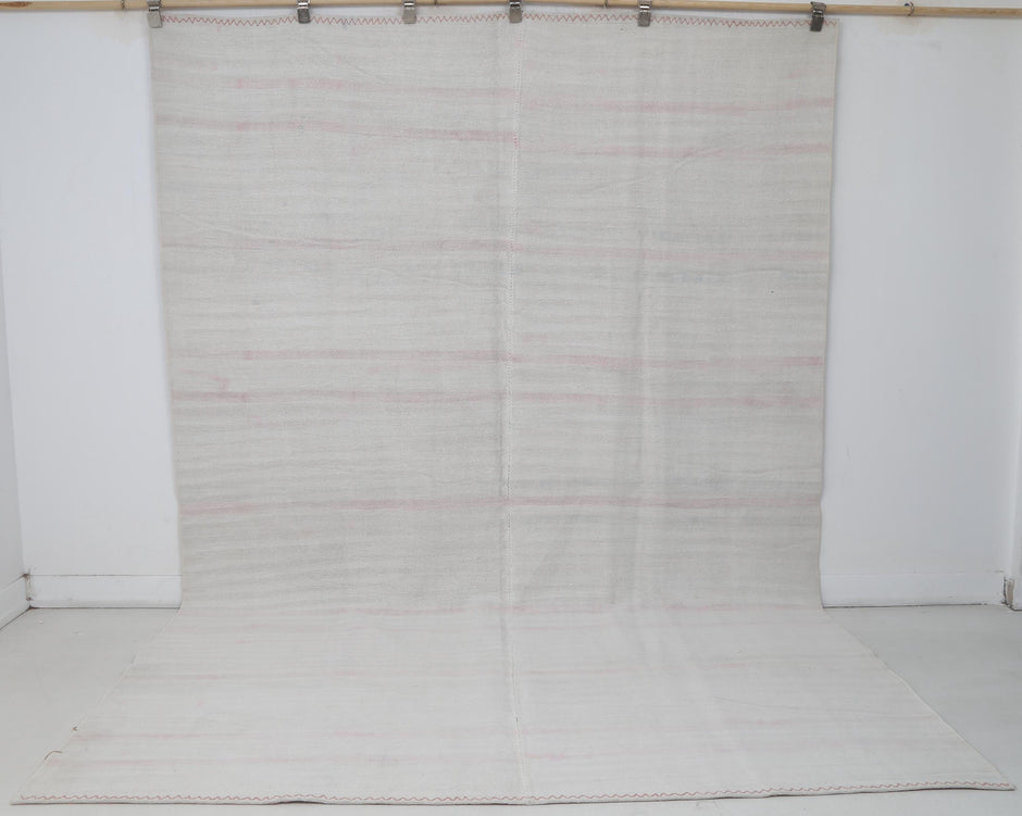 7x10 Vintage Turkish Hemp Rug, White Pink Striped Kilim, Minimalist Handwoven Area Rug