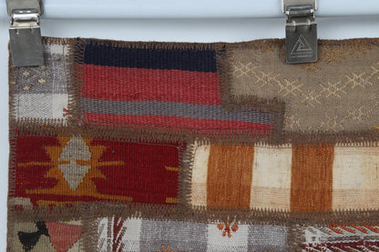 2x3 Vintage Turkish Tapestry Rug, Wool Patchwork Kilim Wall Hanging, Woven Textile Wall Art