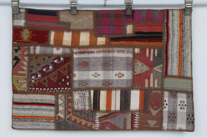 2x3 Vintage Turkish Tapestry Rug, Wool Patchwork Kilim Wall Hanging, Woven Textile Wall Art