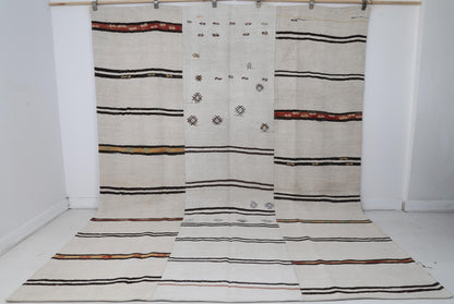 8x10 Vintage Turkish Hemp Rug, White Black Striped Kilim with Red Accents, Large Handwoven Area Rug