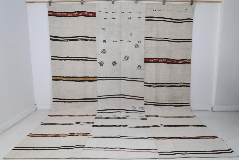 8x10 Vintage Turkish Hemp Rug, White Black Striped Kilim with Red Accents, Large Handwoven Area Rug