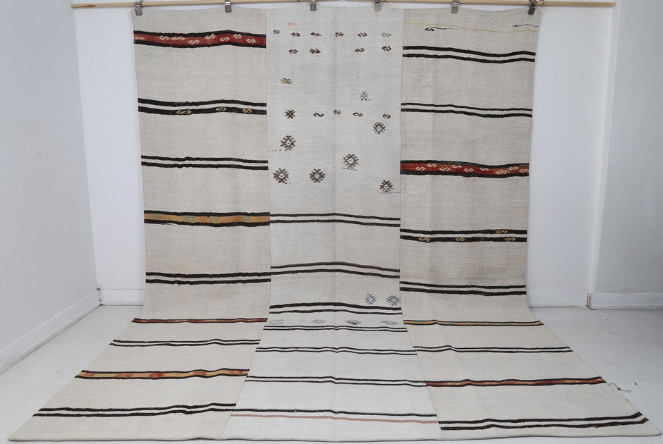 8x10 Vintage Turkish Hemp Rug, White Black Striped Kilim with Red Accents, Large Handwoven Area Rug