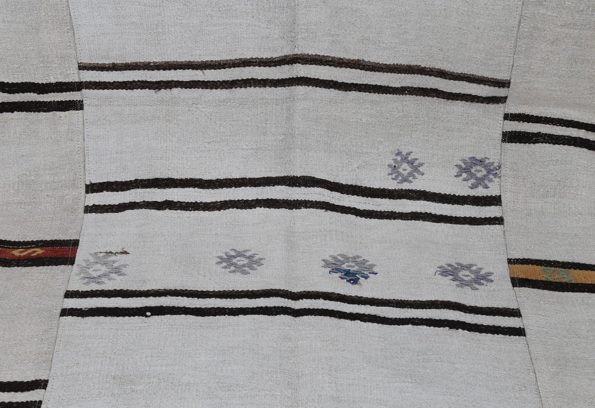 8x10 Vintage Turkish Hemp Rug, White Black Striped Kilim with Red Accents, Large Handwoven Area Rug