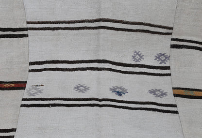 8x10 Vintage Turkish Hemp Rug, White Black Striped Kilim with Red Accents, Large Handwoven Area Rug