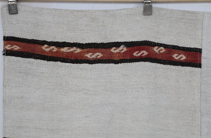 8x10 Vintage Turkish Hemp Rug, White Black Striped Kilim with Red Accents, Large Handwoven Area Rug