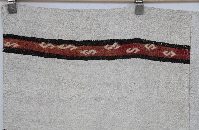 8x10 Vintage Turkish Hemp Rug, White Black Striped Kilim with Red Accents, Large Handwoven Area Rug