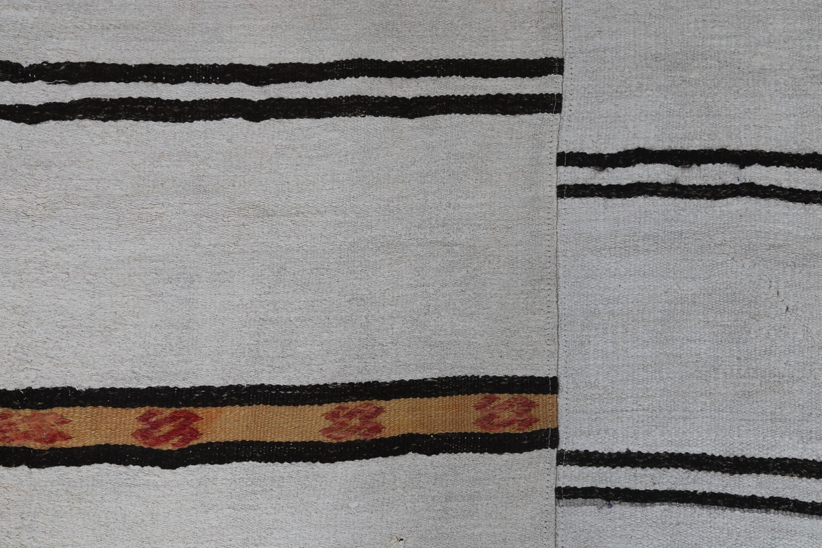 8x10 Vintage Turkish Hemp Rug, White Black Striped Kilim with Red Accents, Large Handwoven Area Rug