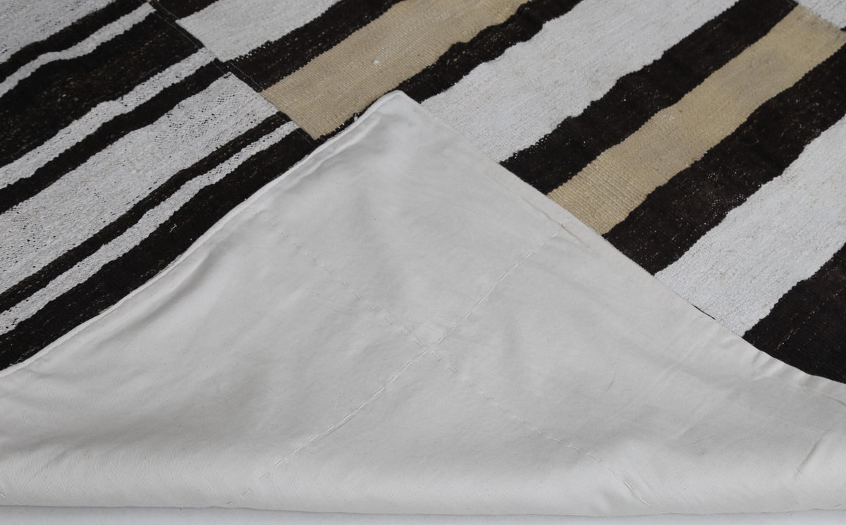 7x10 Vintage Turkish Hemp Rug, White Brown Striped Kilim, Large Handwoven Neutral Area Rug