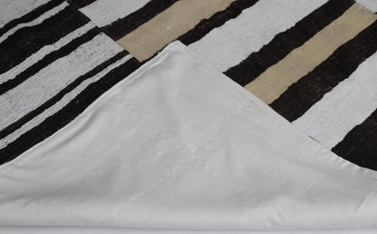 7x10 Vintage Turkish Hemp Rug, White Brown Striped Kilim, Large Handwoven Neutral Area Rug