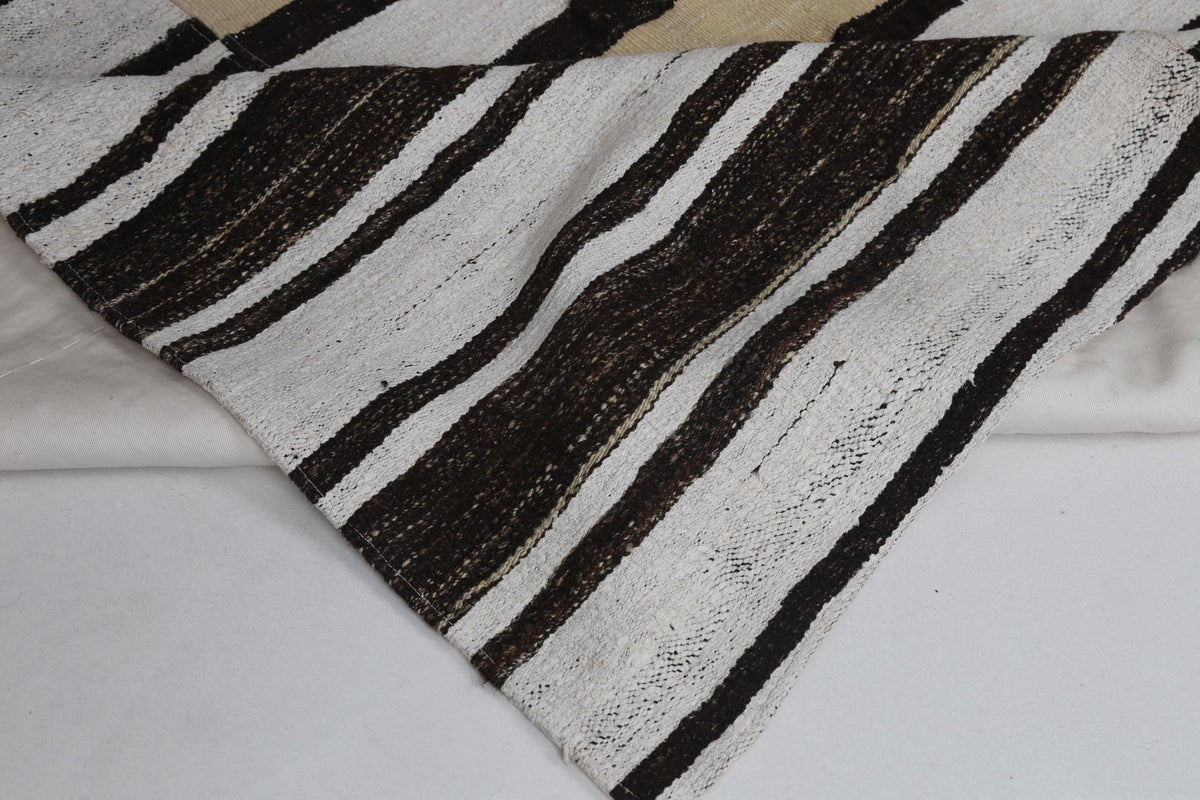 7x10 Vintage Turkish Hemp Rug, White Brown Striped Kilim, Large Handwoven Neutral Area Rug