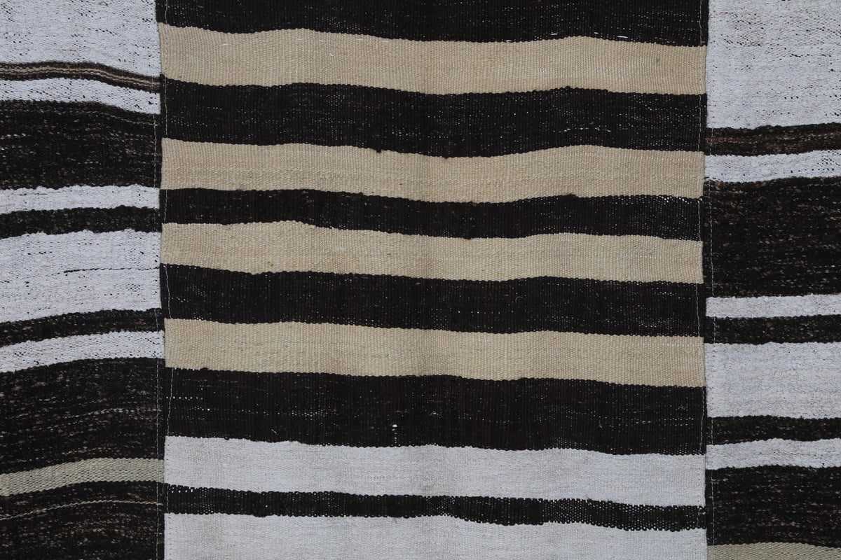 7x10 Vintage Turkish Hemp Rug, White Brown Striped Kilim, Large Handwoven Neutral Area Rug