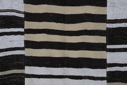 7x10 Vintage Turkish Hemp Rug, White Brown Striped Kilim, Large Handwoven Neutral Area Rug