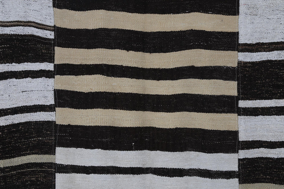 7x10 Vintage Turkish Hemp Rug, White Brown Striped Kilim, Large Handwoven Neutral Area Rug