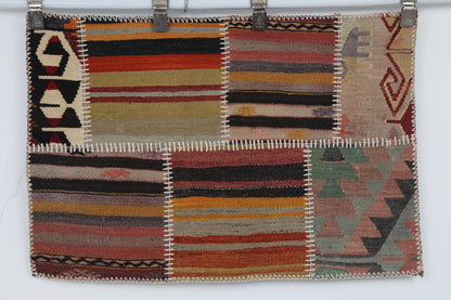2x3 Vintage Turkish Tapestry Rug, Wool Patchwork Kilim Wall Hanging, Striped Geometric Textile Art