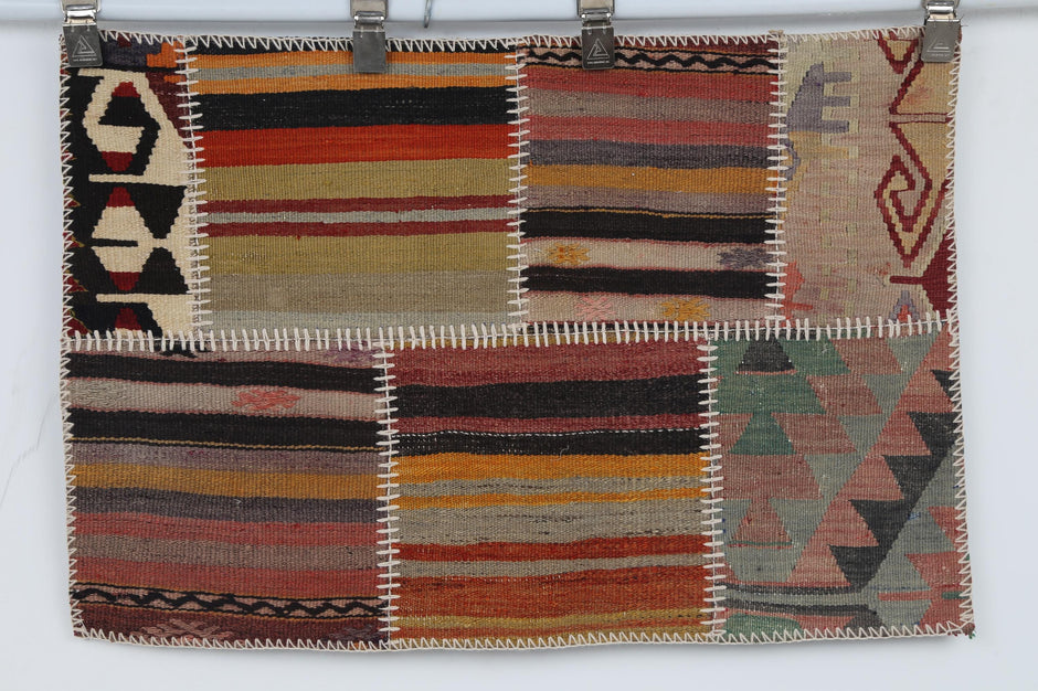 2x3 Vintage Turkish Tapestry Rug, Wool Patchwork Kilim Wall Hanging, Striped Geometric Textile Art