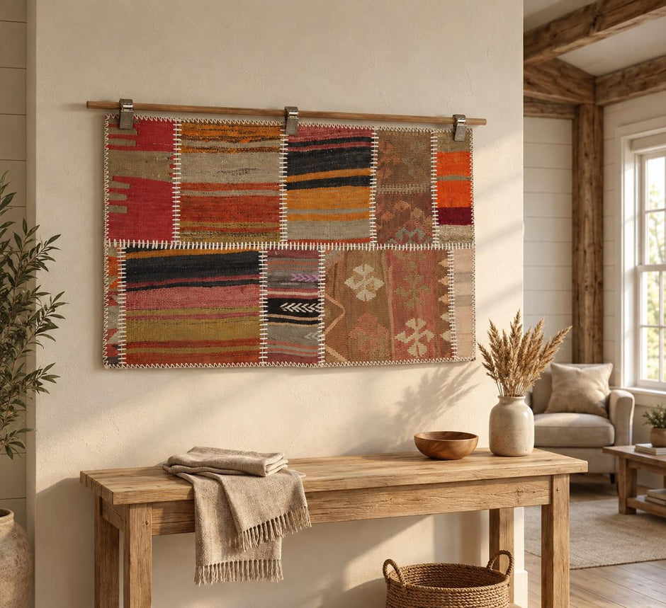 2x3 Vintage Turkish Tapestry Rug, Wool Patchwork Kilim Wall Hanging, Earthy Striped Textile Wall Art