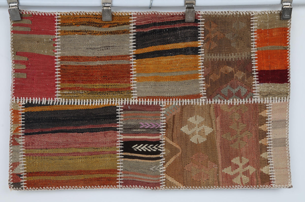 2x3 Vintage Turkish Tapestry Rug, Wool Patchwork Kilim Wall Hanging, Earthy Striped Textile Wall Art