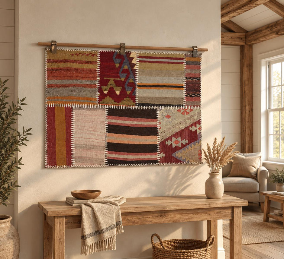 2x3 Vintage Turkish Tapestry Rug, Wool Patchwork Kilim Wall Hanging, Earthy Striped Textile Wall Art