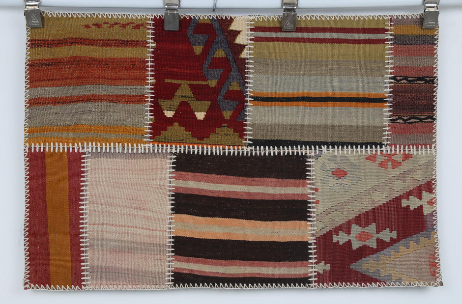 2x3 Vintage Turkish Tapestry Rug, Wool Patchwork Kilim Wall Hanging, Earthy Striped Textile Wall Art