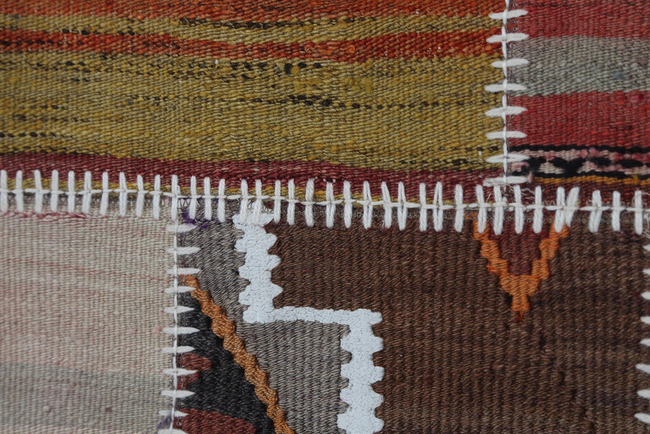 2x3 Vintage Turkish Tapestry Rug, Wool Patchwork Kilim Wall Hanging, Earthy Geometric Textile Wall Art