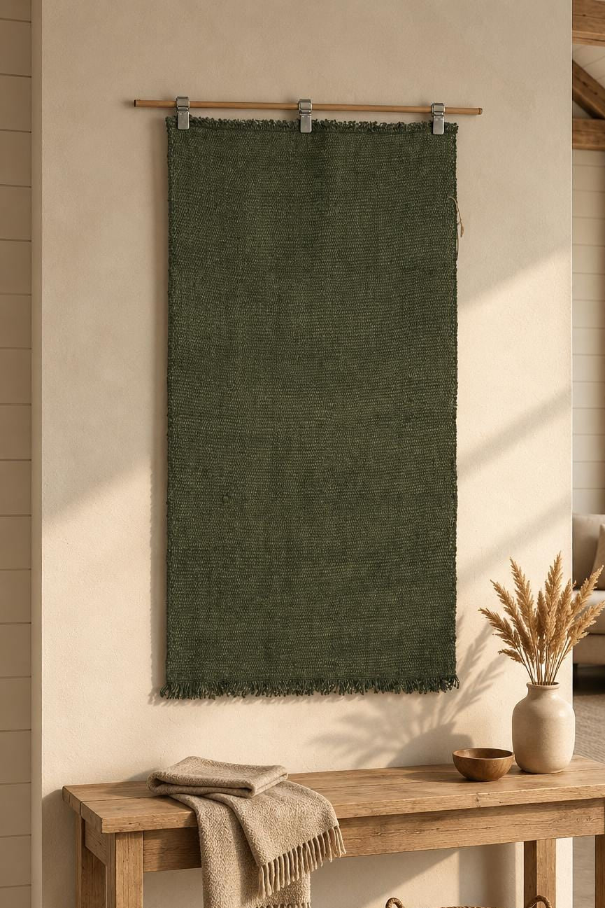 2x4 Vintage Hemp Tapestry, Olive Green Turkish Wall Hanging, Minimalist Woven Textile Art