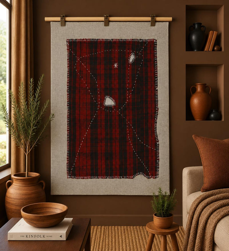 3x4 Vintage Turkish Tapestry Rug, Red Black Wool Wall Hanging, Plaid Textile Wall Art, Vintage Kilim Fiber Decor