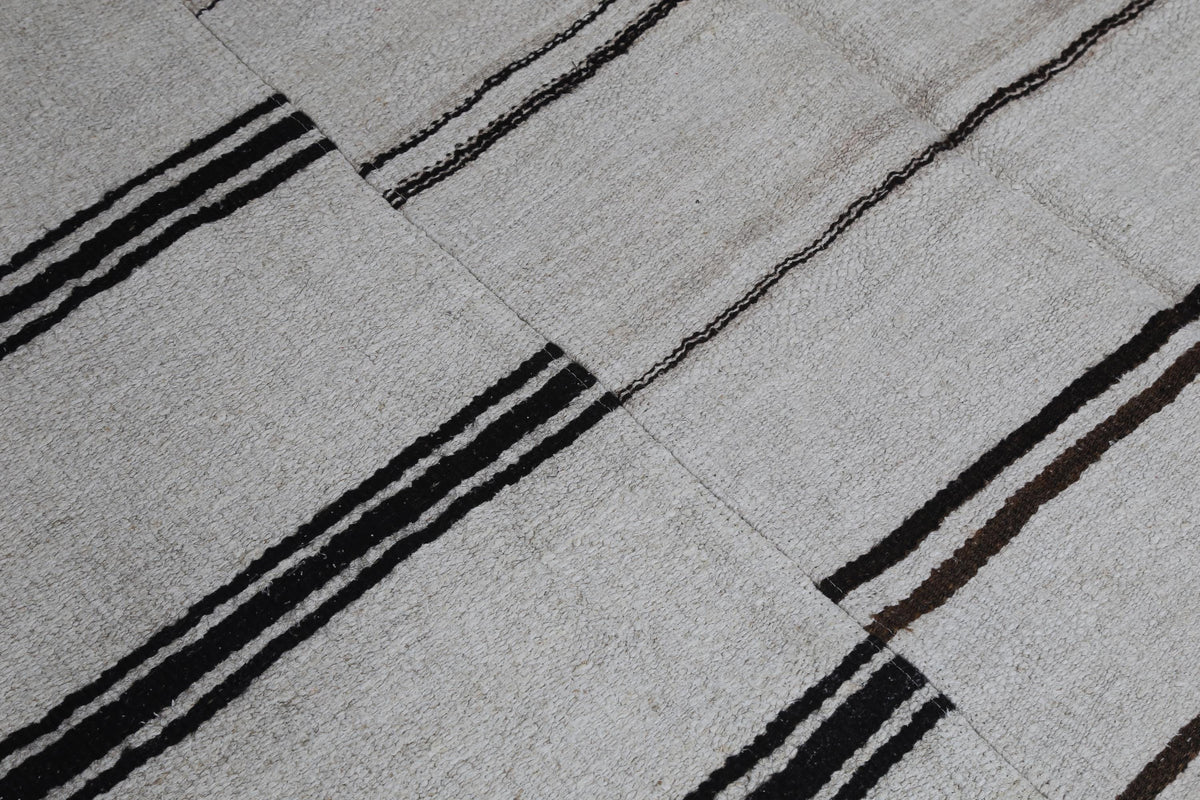 6x10 Vintage Turkish Hemp Rug, Beige Black Patchwork Kilim, Large Handwoven Striped Area Rug