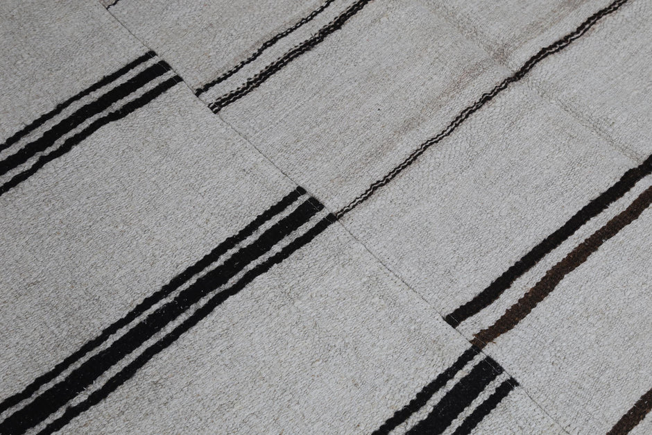 6x10 Vintage Turkish Hemp Rug, Beige Black Patchwork Kilim, Large Handwoven Striped Area Rug