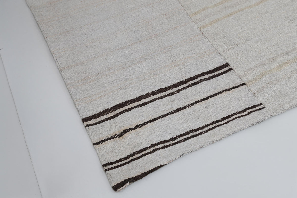 9x10 Vintage Turkish Hemp Rug, White Beige Striped Kilim, Large Handwoven Neutral Area Rug