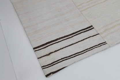 9x10 Vintage Turkish Hemp Rug, White Beige Striped Kilim, Large Handwoven Neutral Area Rug