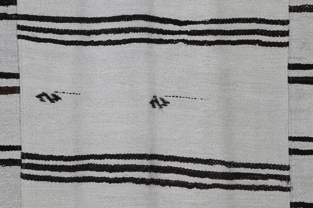 7x9 Vintage Turkish Hemp Rug, White Black Striped Kilim, Large Handwoven Neutral Area Rug