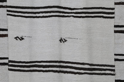 7x9 Vintage Turkish Hemp Rug, White Black Striped Kilim, Large Handwoven Neutral Area Rug