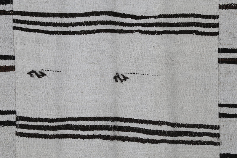 7x9 Vintage Turkish Hemp Rug, White Black Striped Kilim, Large Handwoven Neutral Area Rug