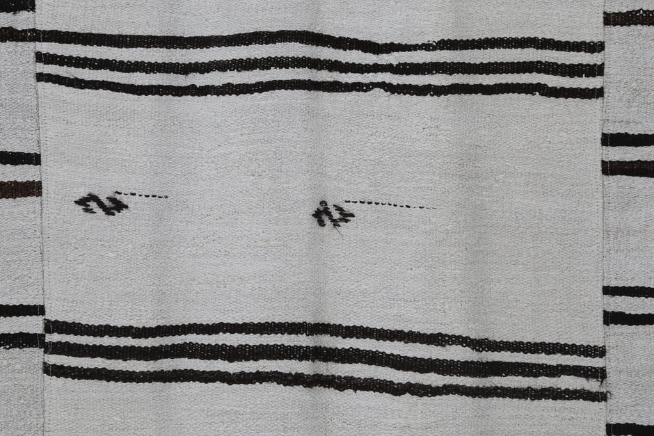 7x9 Vintage Turkish Hemp Rug, White Black Striped Kilim, Large Handwoven Neutral Area Rug