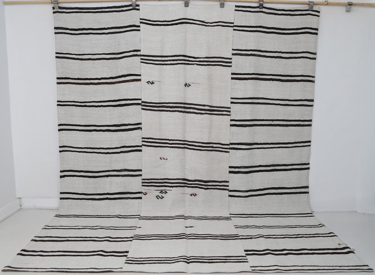7x9 Vintage Turkish Hemp Rug, White Black Striped Kilim, Large Handwoven Neutral Area Rug